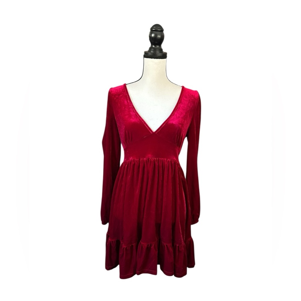 Red Velvet Babydoll Mini Dress V-Neck Long Sleeve Fall Goth Grunge Kinderwhore S